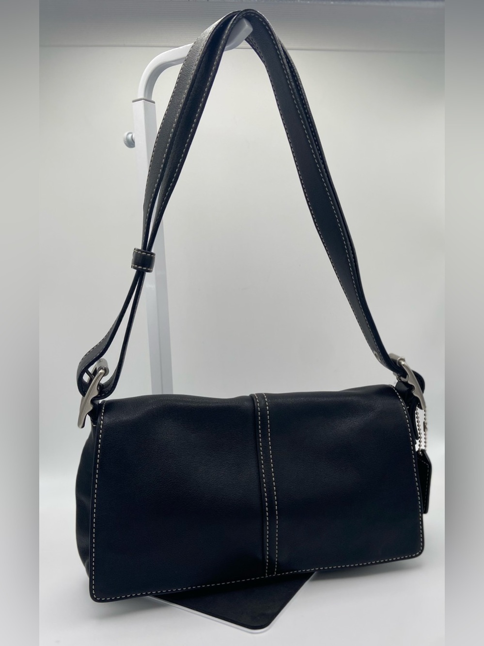 Coach 9848 Black Leather Flap Shoulder Bag Contrast Stitching Silver Buckles
